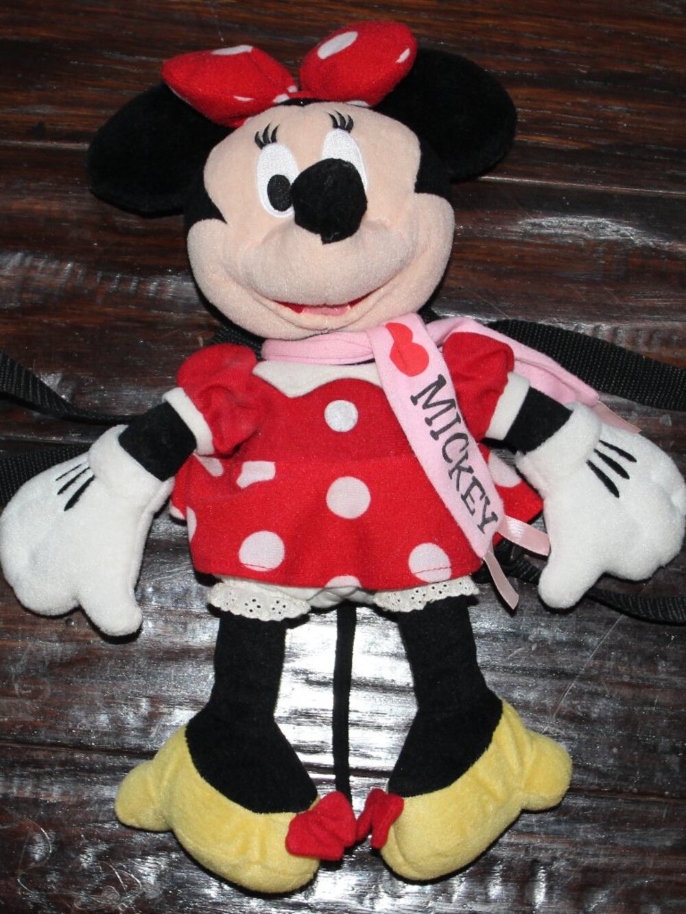 VTG Disney Minnie Mouse Plush BACKPACK in Red and Yellow with Mickey Mouse Scarf